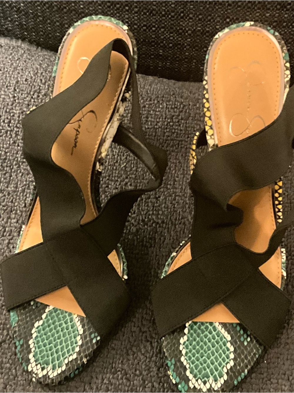 Jessica Simpson Black Strappy Sandals with Teal Snake-Print Footbed
